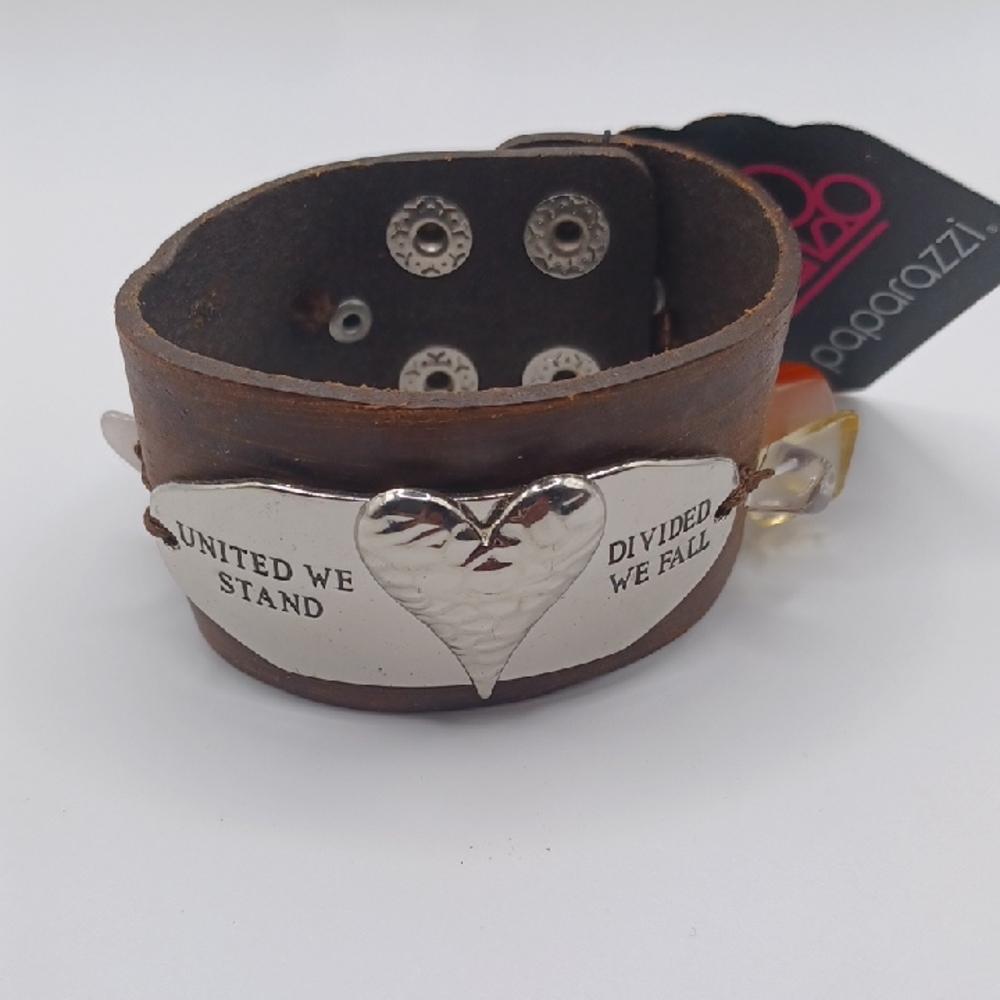 Paparazzi Brown Leather Bracelet with United We Stand Divide We Fall